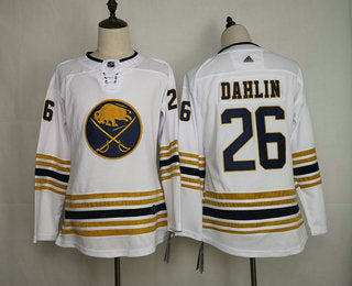 Womens Buffalo Sabres 26 Rasmus Dahlin White With Gold 50th Anniversary Adidas Stitched Nhl Jersey