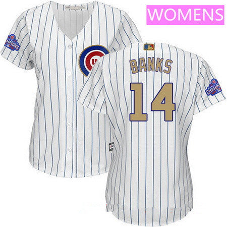 Womens Chicago Cubs 14 Ernie Banks White World Series Champions Gold Stitched Mlb Majestic 2017 Cool Base Jersey