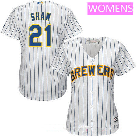 Womens Milwaukee Brewers 21 Travis Shaw White Pinstripe Home Stitched Mlb Majestic Cool Base Jersey