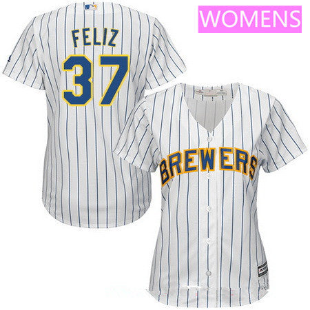 Womens Milwaukee Brewers 37 Neftali Feliz White Pinstripe Home Stitched Mlb Majestic Cool Base Jersey