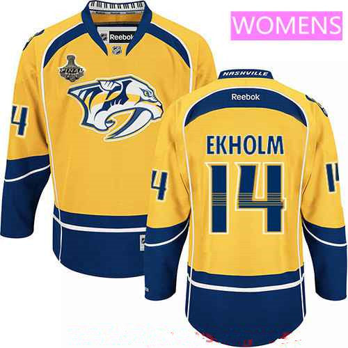 Womens Nashville Predators 14 Mattias Ekholm Yellow 2017 Stanley Cup Finals Patch Stitched Nhl Reebok Hockey Jersey