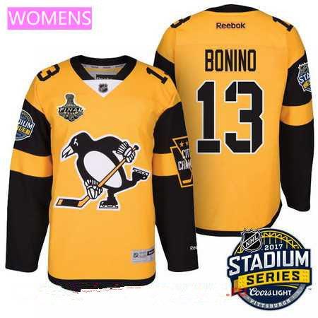 Womens Pittsburgh Penguins 13 Nick Boninoyellow Stadium Series 2017 Stanley Cup Finals Patch Stitched Nhl Reebok Hockey Jersey