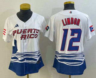 Womens Puerto Rico Baseball 12 Francisco Lindor 2023 White World Classic Stitched Jersey
