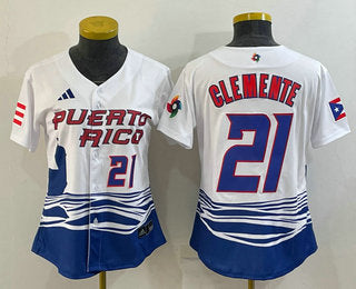 Womens Puerto Rico Baseball 21 Roberto Clemente Number 2023 White World Classic Stitched Jerseys
