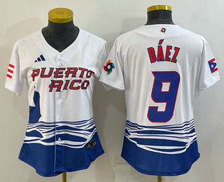 Womens Puerto Rico Baseball 9 Javier Baez White 2023 World Baseball Classic Stitched Jersey