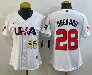 Womens Usa Baseball 28 Nolan Arenado Number 2023 White World Classic Replica Stitched Jersey