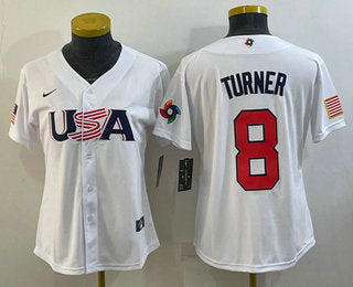 Womens Usa Baseball 8 Trea Turner 2023 White World Classic Stitched Jerseys