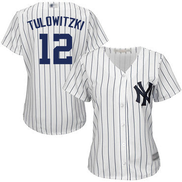 Yankees 12 Troy Tulowitzki White Strip Home Womens Stitched Baseball Jersey
