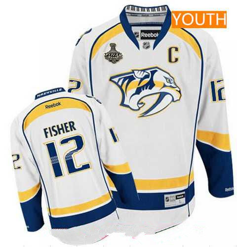 Youth Nashville Predators 12 Mike Fisher White 2017 Stanley Cup Finals C Patch Stitched Nhl Reebok Hockey Jersey