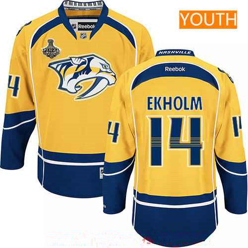 Youth Nashville Predators 14 Mattias Ekholm Yellow 2017 Stanley Cup Finals Patch Stitched Nhl Reebok Hockey Jersey