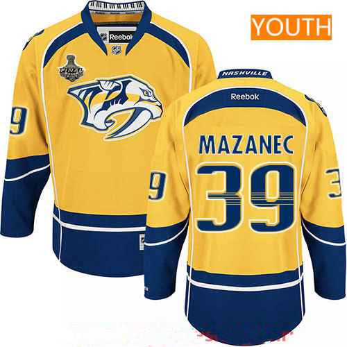 Youth Nashville Predators 39 Marek Mazanec Yellow 2017 Stanley Cup Finals Patch Stitched Nhl Reebok Hockey Jersey