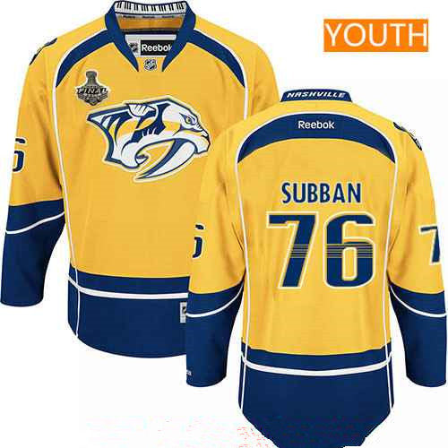 Youth Nashville Predators 76 Pk Subban Yellow 2017 Stanley Cup Finals Patch Stitched Nhl Reebok Hockey Jersey