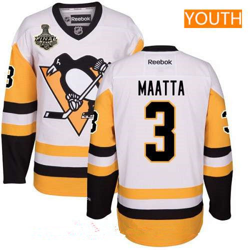 Youth Pittsburgh Penguins 3 Olli Maatta White Third 2017 Stanley Cup Finals Patch Stitched Nhl Reebok Hockey Jersey